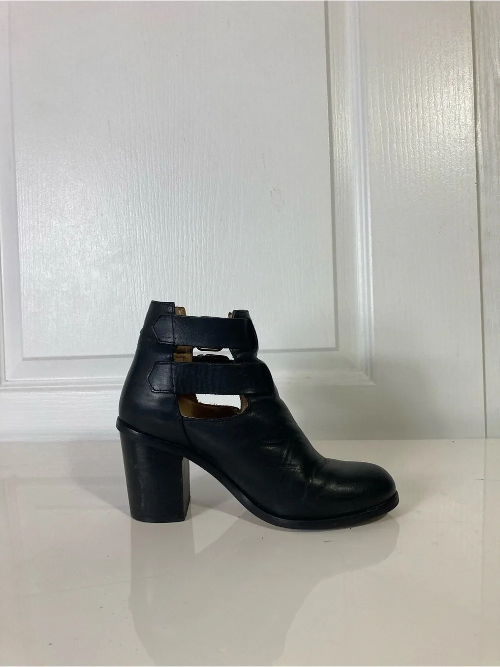OFFICE LONDON Boots EU 37/US 7 Black Leather 2-Straps Buckle Stack Block Heel